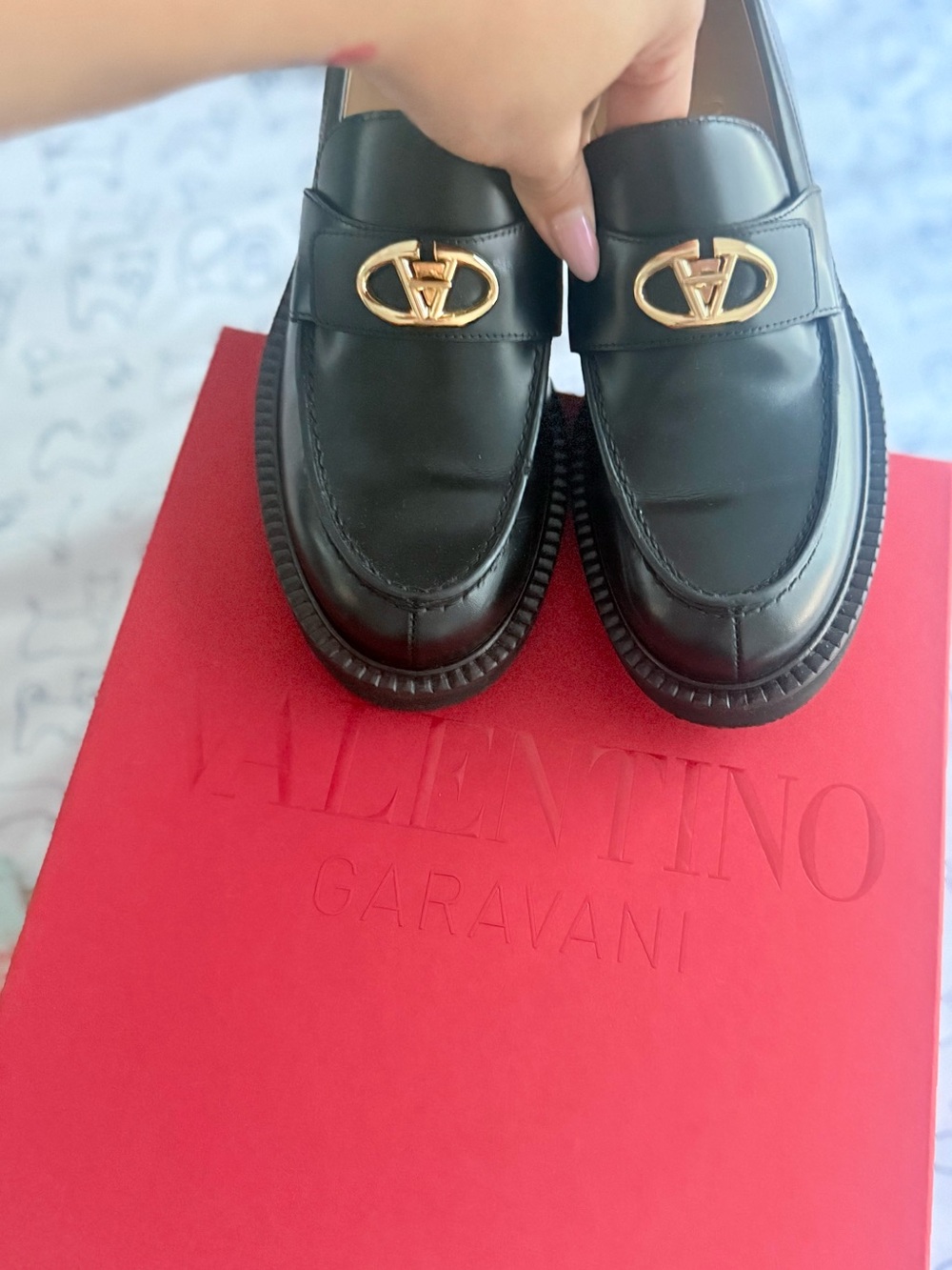 Valentino Garavani Black Leather Loafers with Gold Logo